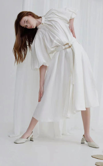 2024 New Collar Lantern Sleeve Single Buckle Belt To Collect Waist Long Dress Dress Woman